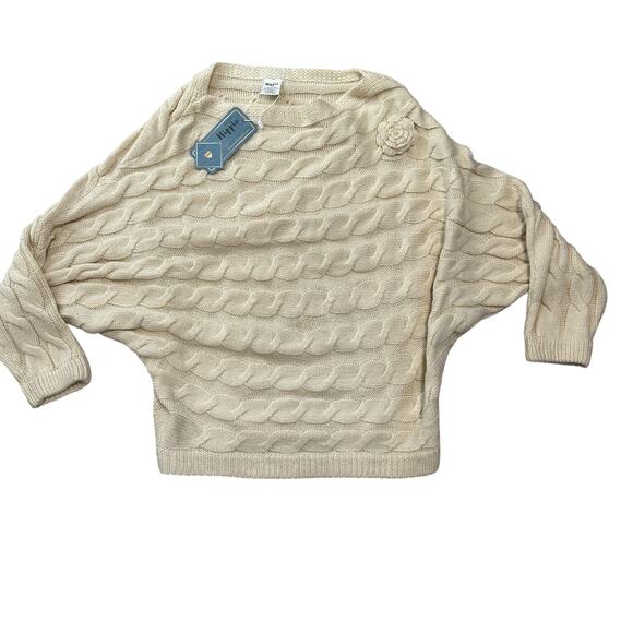 Retro Cream Knit Pullover Sweater Military Hippie Removable Flower Batwing S/M - Picture 1 of 7